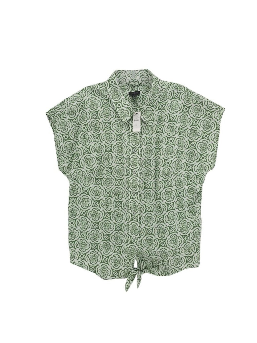 NWT TALBOTS Linen Blend Tie Hem Button Top Shirt Green Floral Geo LARGE PETITE